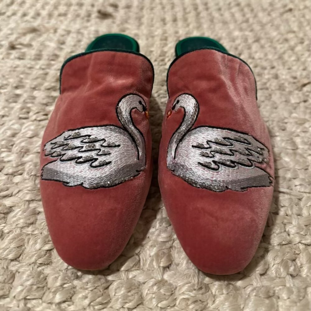 Kurt Geiger Pink Velvet Swan Embellished Backless Mules